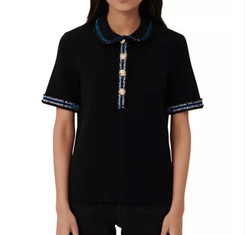 Maje Mexicana Polo Metallic Trim Sweater Black Size 1 (Small)